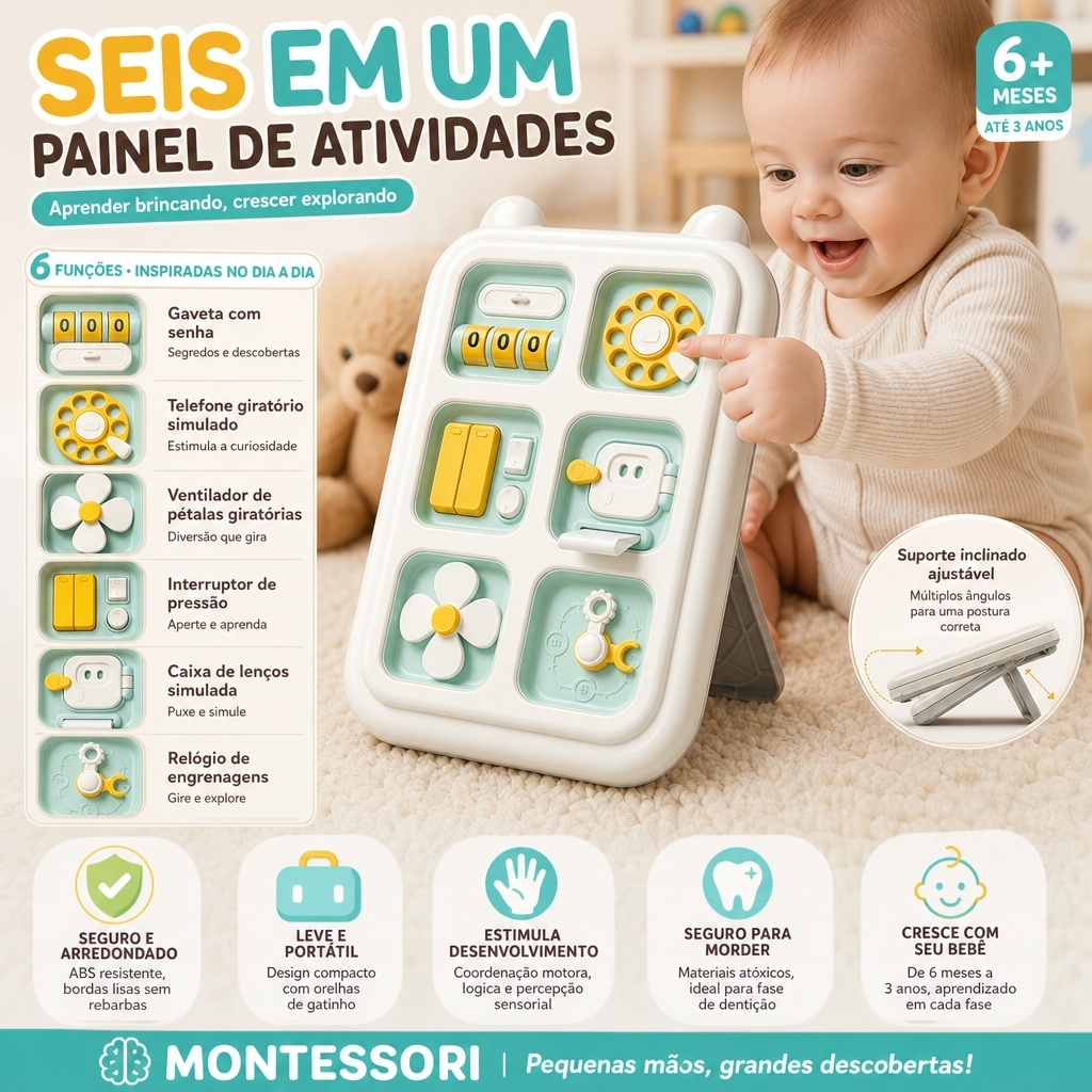 Brinquedo Sensorial Montessori 6 em 1 para Bebê Desenvolver Habilidades Manuais com Material ABS Resistente