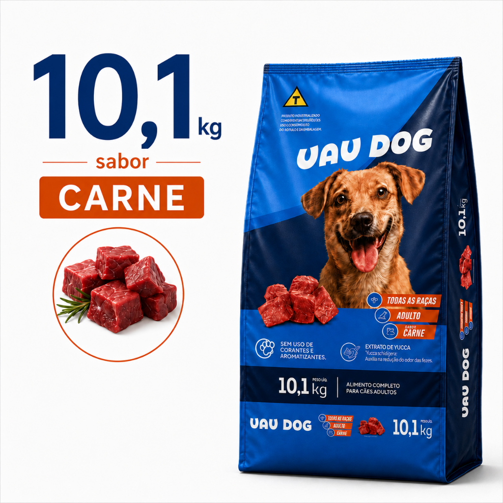 Ração UAU Dog Adulto 10,1kg Sabor Carne 18g Proteína Alta Aceitação Todas as Raças
