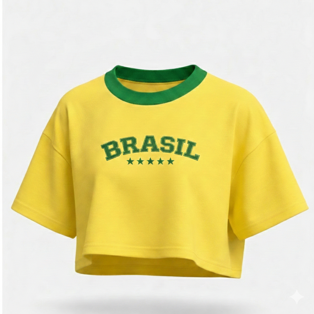 Cropped Oversized Brasil Feminino Algodão Premium Streetwear Moda Urbana Confortável Tendência Casual amarelo azul