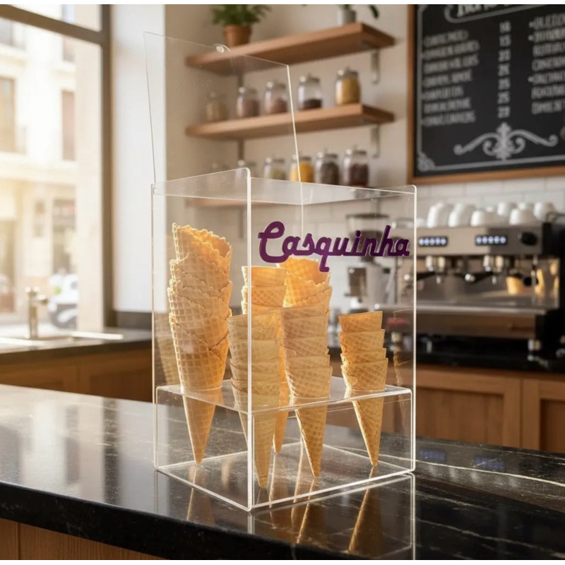 Caixa acrílica para casquinha cascão cestinha sorvetes açaí sorveteria organizador porta casquinha vasilhame