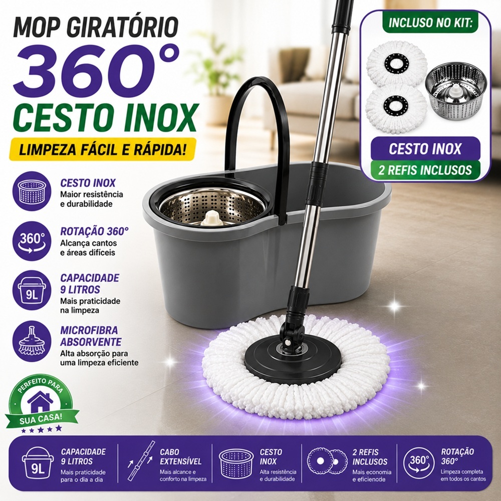 Mop Giratório 360° Com Balde 9l Centrifuga Inox Esfregão Com 2 Refis Cabo Flash Em Casa Tem