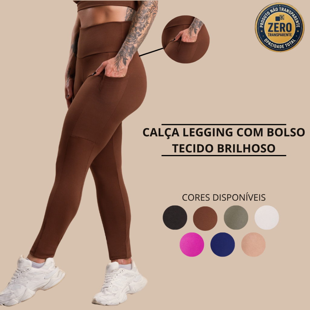 Calça Legging Feminina Bolso Cintura Alta Tecido Brilhoso Sem Transparência Academia Esportiva Fitness Treino RIQ Modas