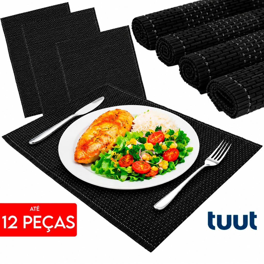 Kit Lugar Americano Bambu Preto 45x30cm - Tuut Linha Esteira Bambu Refeição Na Mesa Luxo