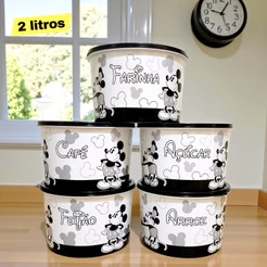 Kit Potes Plásticos Pretos e Brancos 2 Litros Porta Mantimentos Black Mickey Retrô Decorados Cozinha