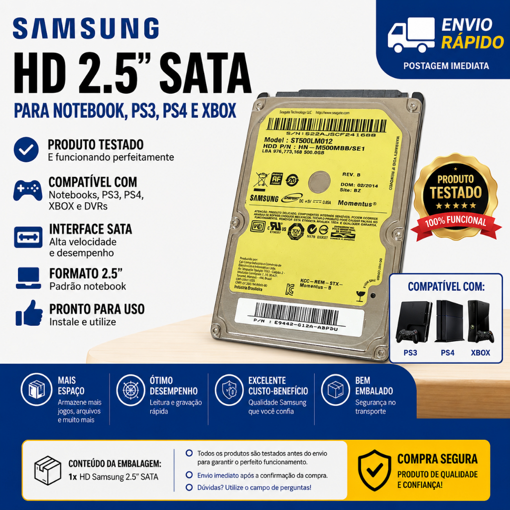 HD 500GB Samsung 2.5" SATA para Notebook, PS3, PS4 e Xbox