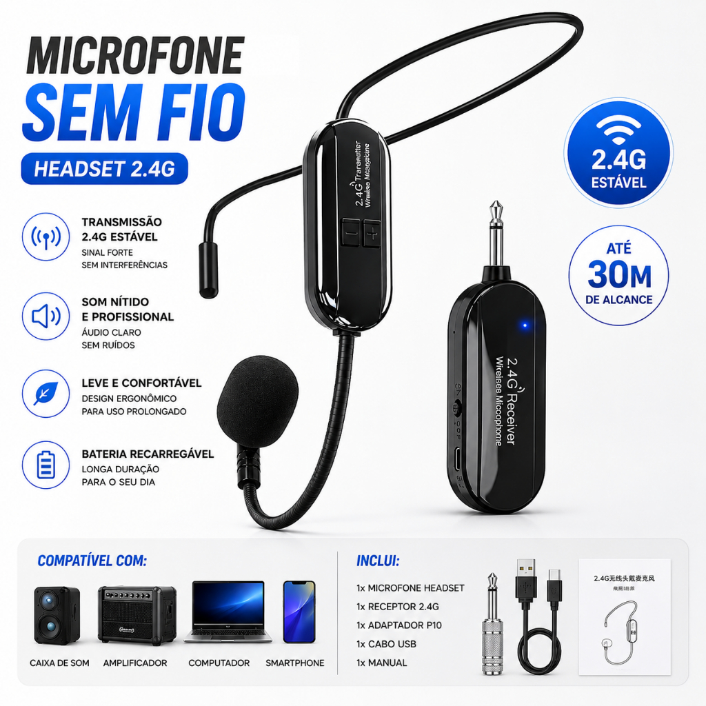 Microfone Sem Fio Headset Aula Conferencia Professor Show Preto