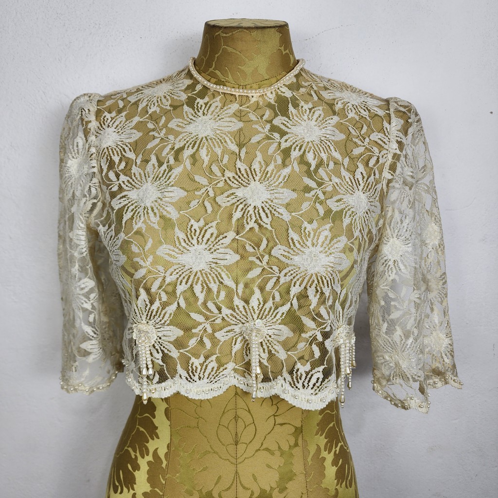 Brechó Bolero Renda Pérolas Anos 60 Vintage Floral Transparência Romântico