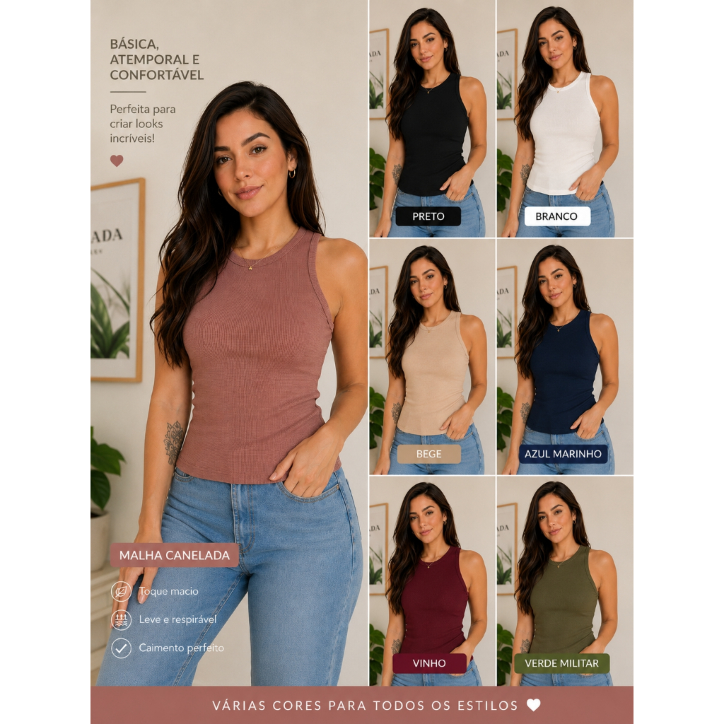 kit  Blusa feminina canelada regata premium cores variadas tamanho unico