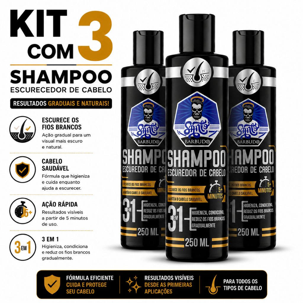 Kit 3 Shampoo Escurecedor Tonalizante Preto Cor Instantânea Acão Rapida Uso Gradual Sem Química