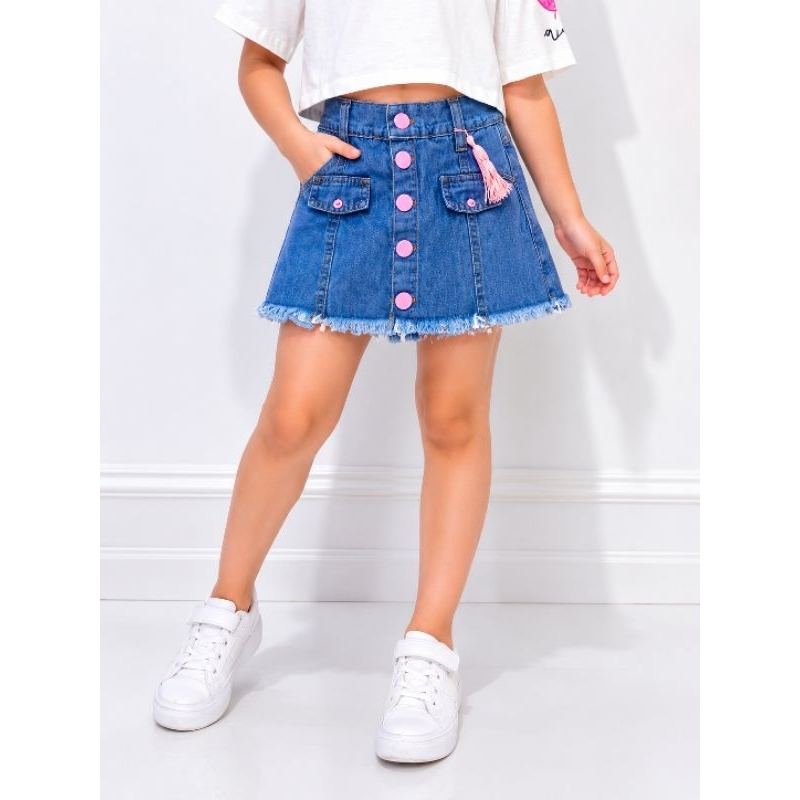 Short Saia Jeans Infantil Menina com Regulagem na Cintura Bordado