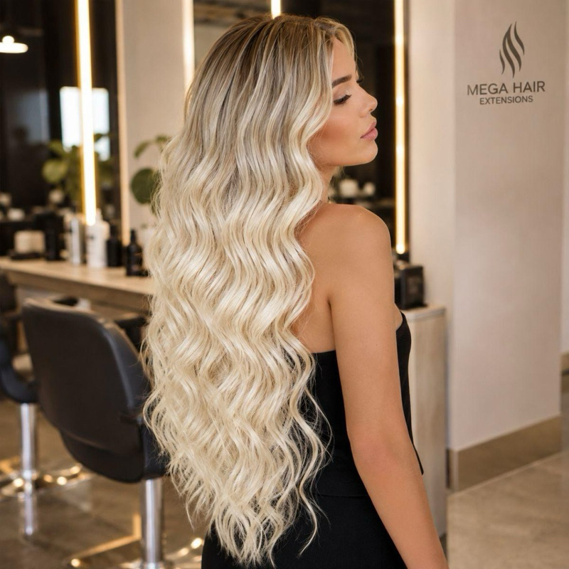 Mega Hair Semi Humano 65cm Ondulado Natural Loiro Mel ou Loiro Global Com Volume Fibra Premium Reutilizável
