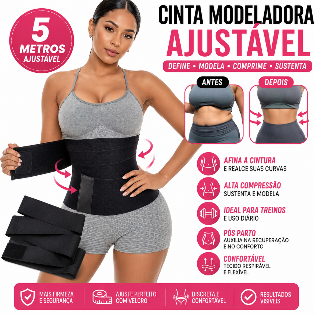 Cinta Faixa Redutor De Medidas E Pós Parto 5 METROS Ajustável Modeladora Corporal Preta Original