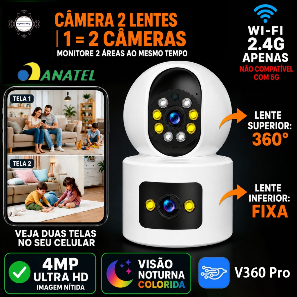 Câmera de Segurança Interna WiFi Full HD Áudio Bidirecional Sensor Movimento App V360 P05