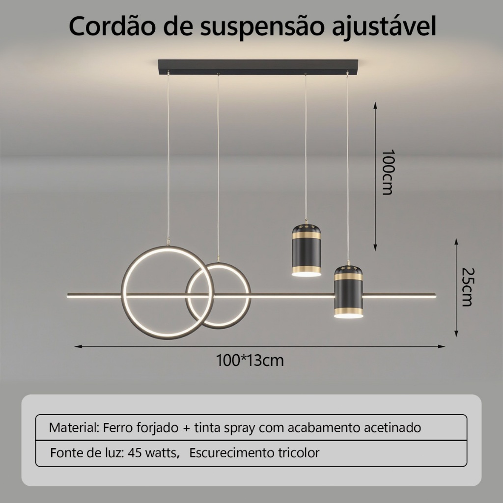 Luminária Lustre Pendente LED Moderno Geométrico Para Sala De Estar Jantar Quarto Balcão Cozinha Ilha Luxo Preto Dourado — imagem 2 de 2