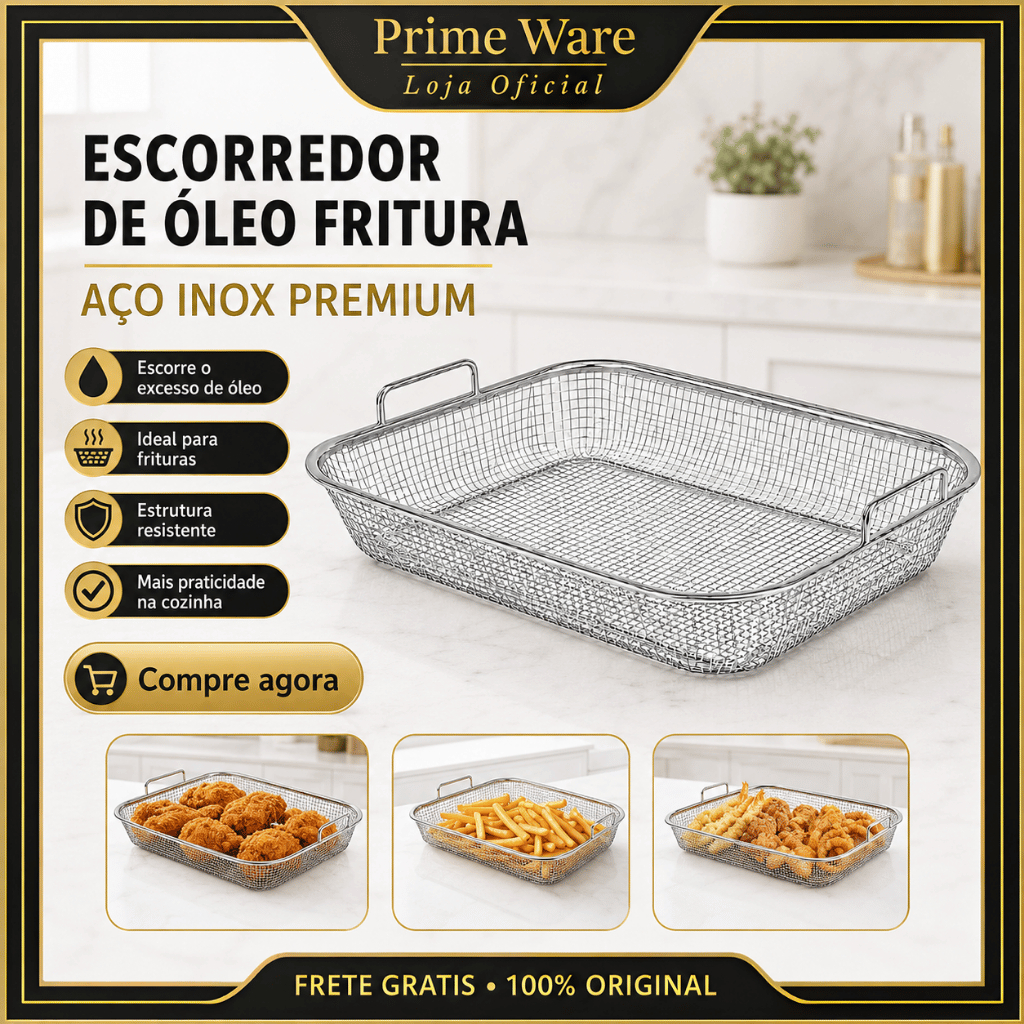 Escorredor de Óleo Fritura 3 em 1 Aço Inox com Cabo para Escorrer Água e Grelhar Churrasco