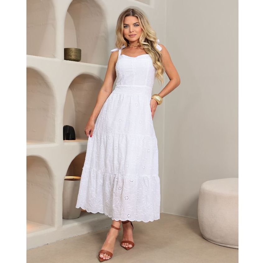Vestido Midi Laise Bordado Romantico Alça Regulável Candy Colors Chá Revelação