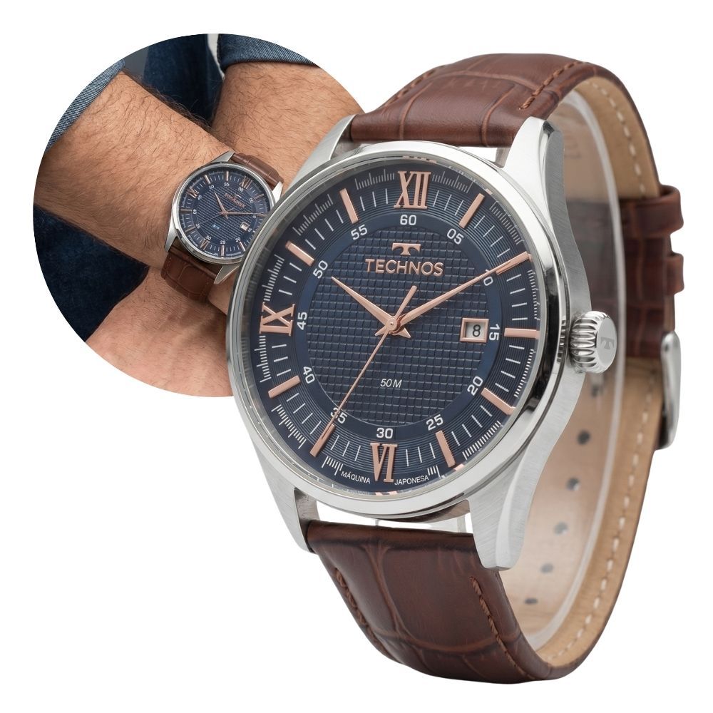 Relógio Masculino Technos Executive Aço Prata Calendário Pulseira Couro 2115TWG/0A