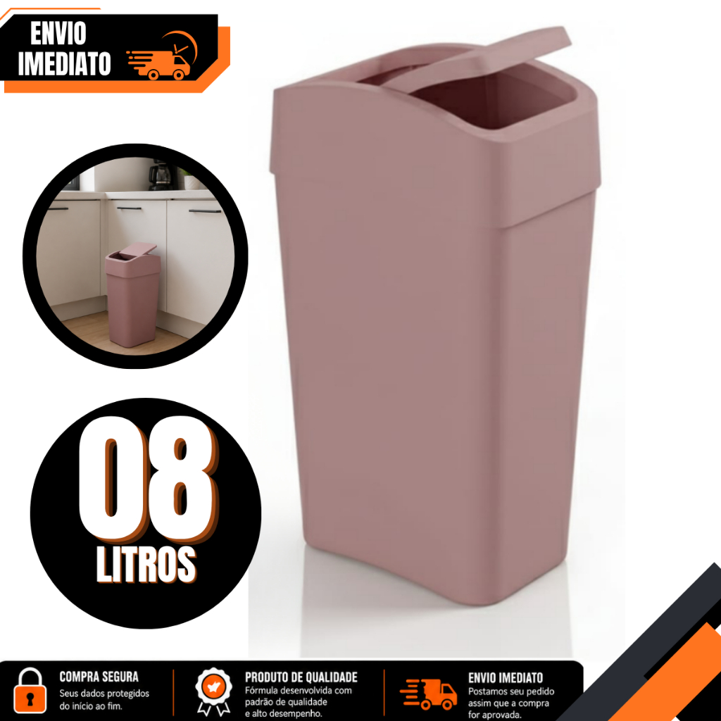 Lixeira Basculante Astra 8L Rosa Plástico Tampa Prática Banheiro Cozinha Escritório Durável