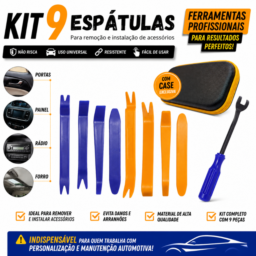 Jogo De Espatulas Ferramenta De Nylon Desmontar Painel Forro De Porta Automotivo Com 9 pecas