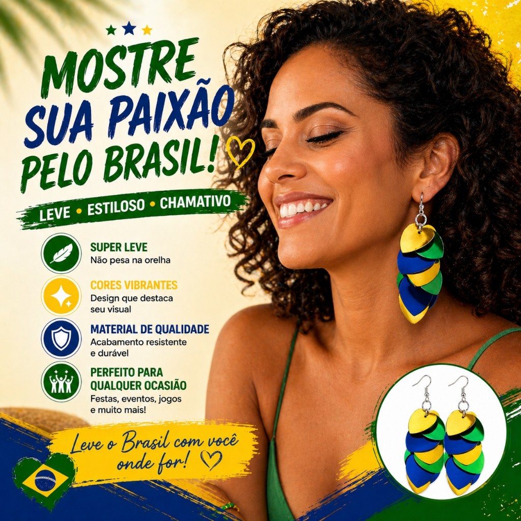 Brinco Brasil Torcida Copa do Mundo Seleção Brasileira com Bandeira e Miçangas Coloridas