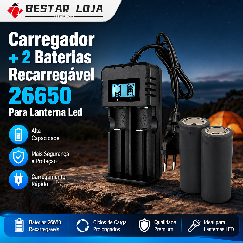 BESTAR LOJA  Carregador + 2 Baterias Recarregável 26650 Para Lanterna Led