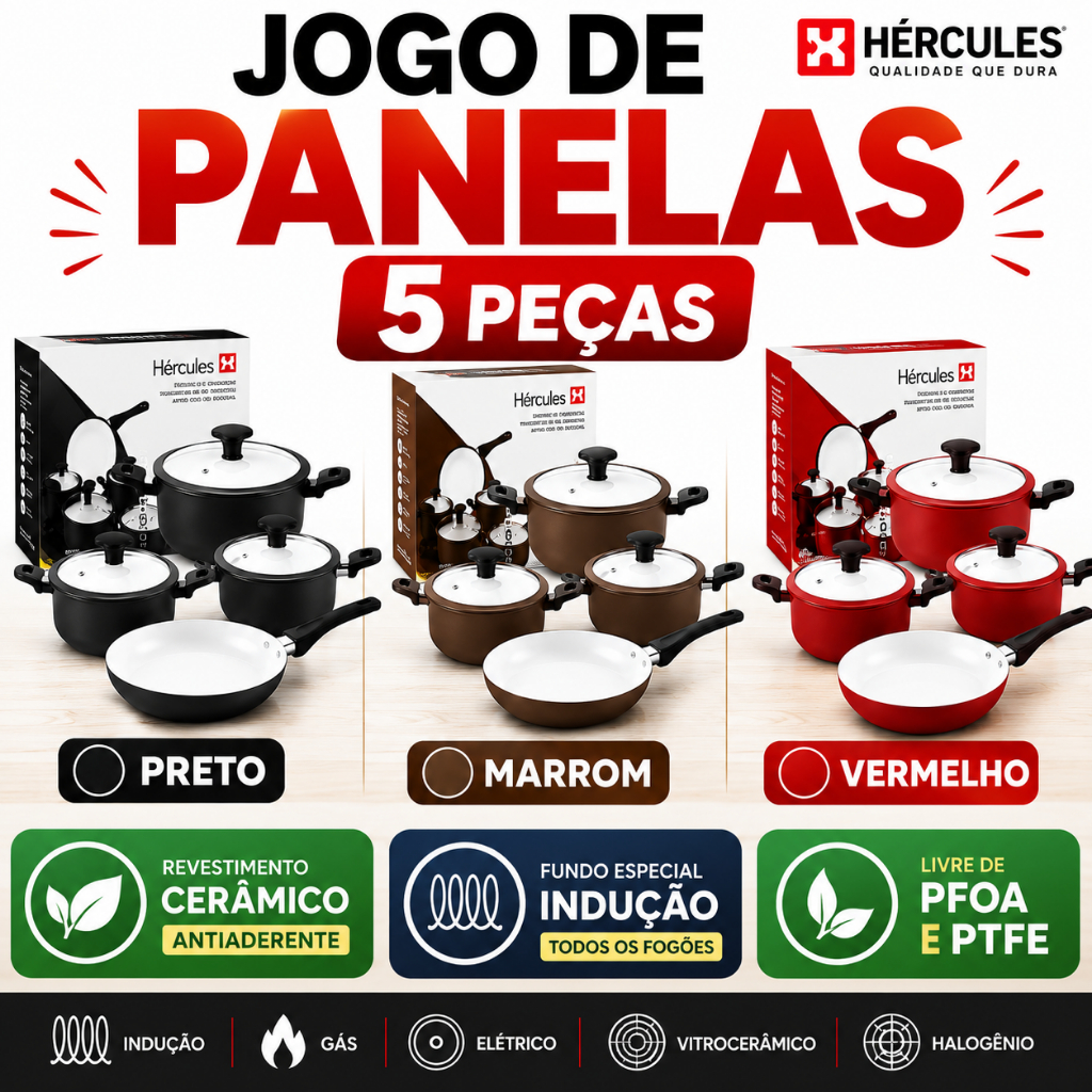 Jogo Conjunto De Panelas Cerâmico 5 Peças 3mm Serve Fogões a gás, elétricos e de indução - Hercules