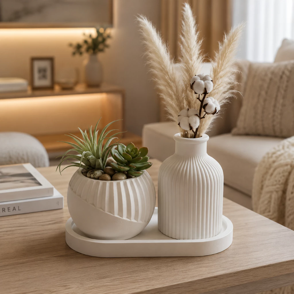 Kit Vaso Decorativo  em Gesso com Garrafa e Vasinho e bandeja Moderno  Decoração  para Sala, Mesa, Quarto e Escritório — imagem 1