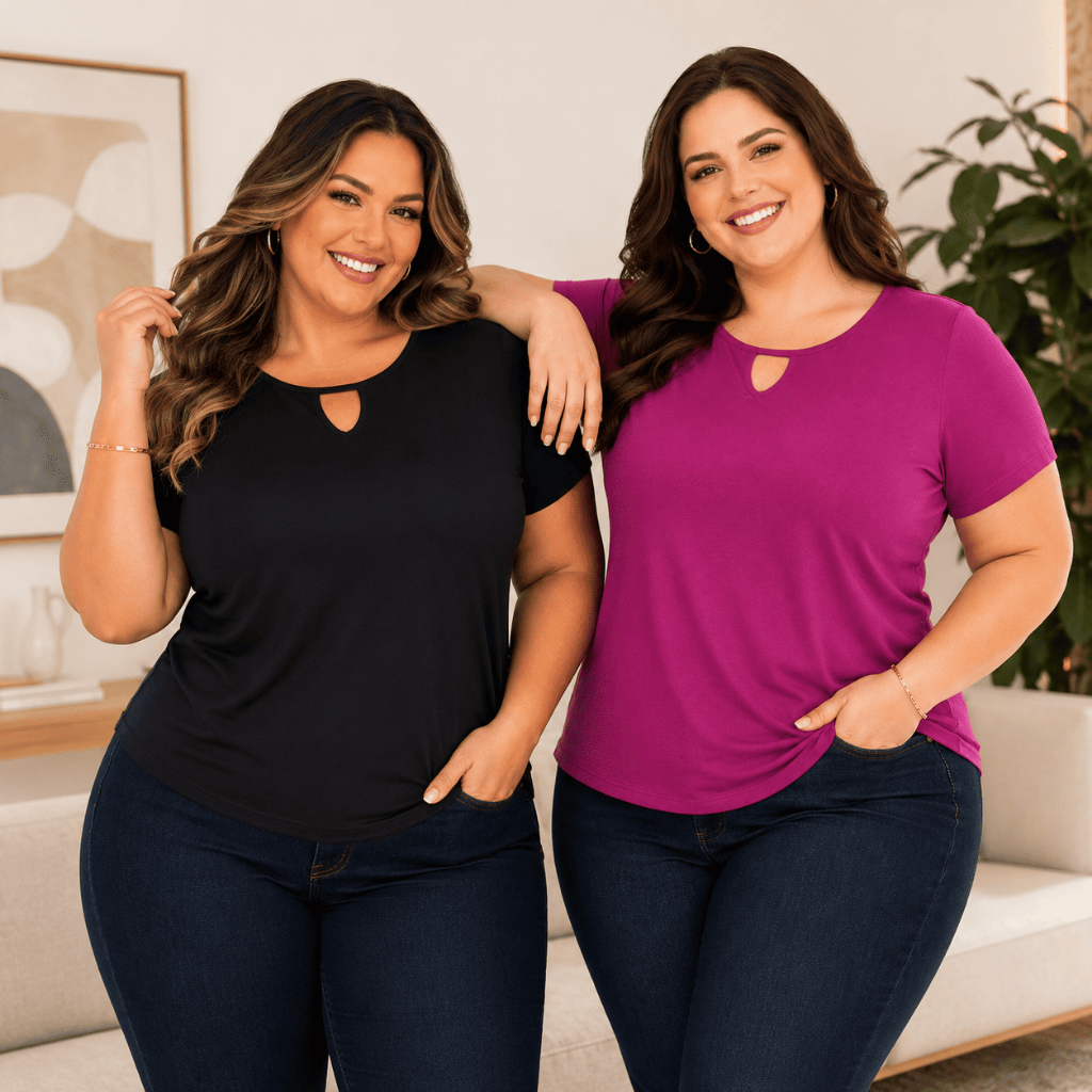 Kit 2 Blusas Femininas com Decote Gota e Manga Curta