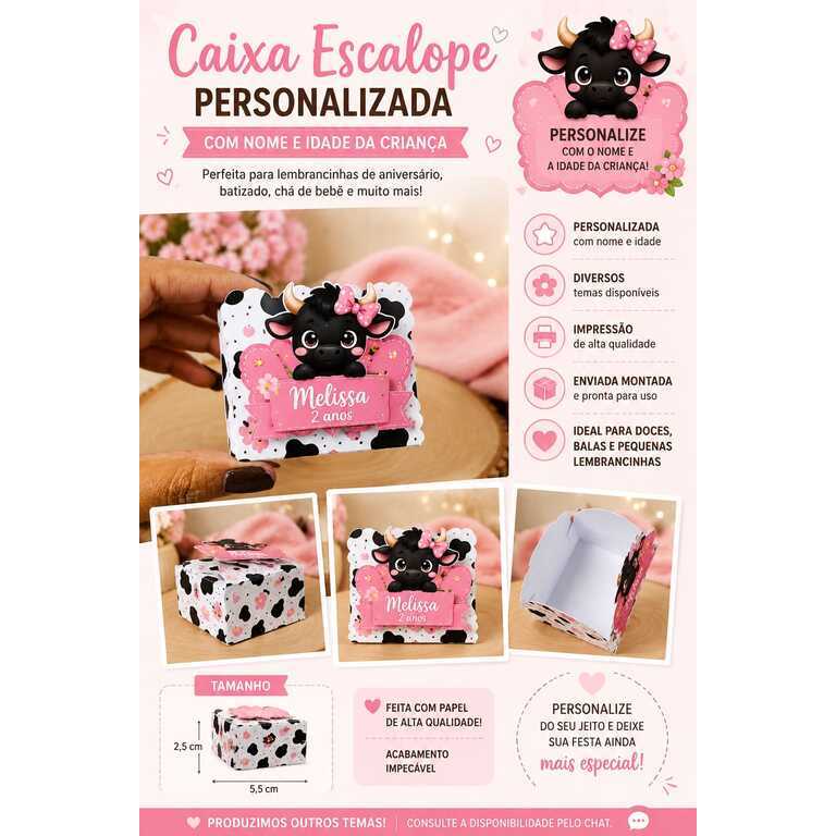 Caixa Escalope Personalizada Nome e Idade Lembrancinha Festa Infantil Boi da Cara Preta Menina Diversos Temas Decorados