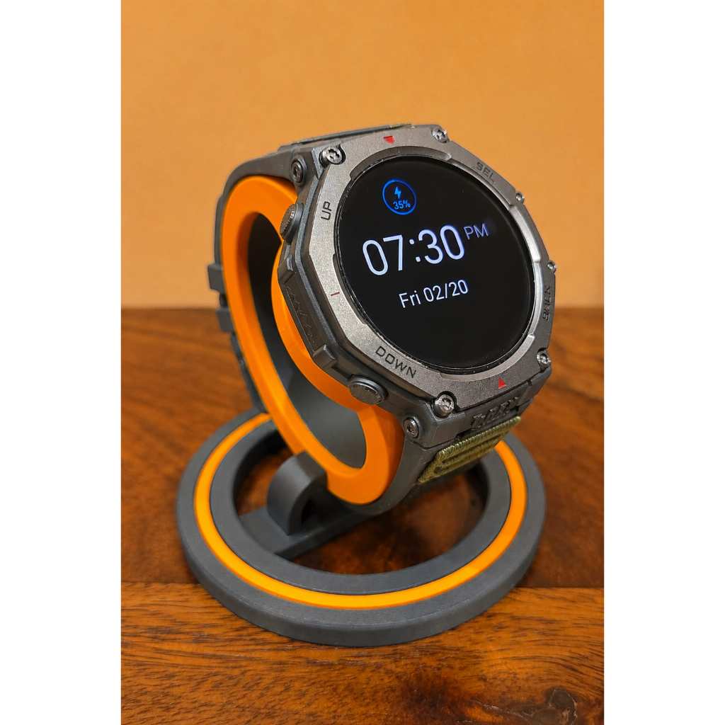 Base carregadora para Smartwatch Amazfit T-Rex 3 e T-Rex 3 Pro Base Expositora Mesa Preta e Laranja 3D