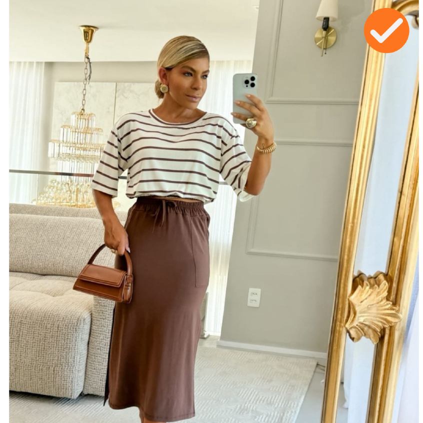 Conjunto Moda Conforto Saia Midi Lisa Blusa Listras Elastano Frio Veste até 44 Kit