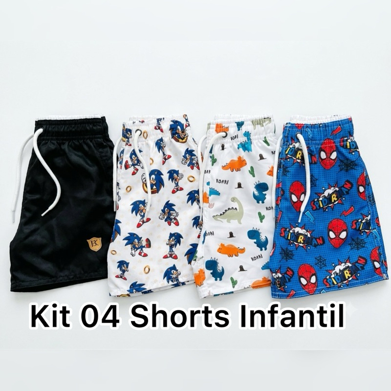 Kit 04 Shorts Tactel Estampas Bermudas Shorts Tactel Infantil Juvenil 1 a 12 Anos Estampadas  Praia Piscina Confortravel