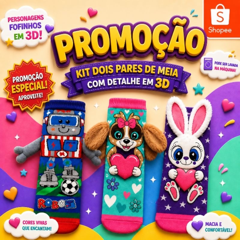 Kit 2 Pares Meia Infantil 3D Personagens Divertidos Cano Alto Confortável 30 ao 35 Criança