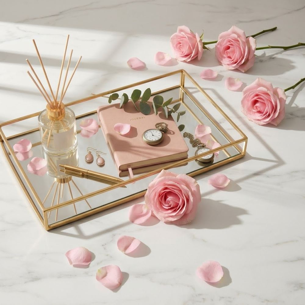 Bandeja Retangular Decorativa Dourada Charm Espelhada Decoração de Mesa Gold 23cmx16cmx4,5cm