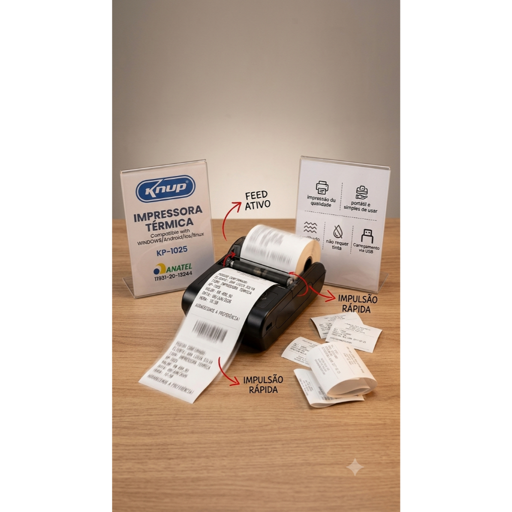 Mini Impressora Térmica Portátil Bluetooth USB Knup KP 1025 Recibos Etiquetas Delivery