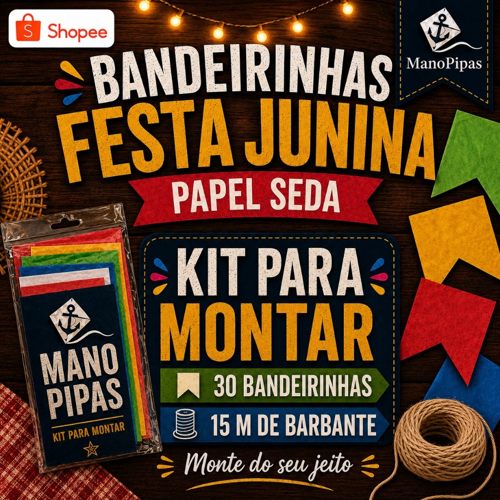 Kit Bandeirinhas Festa Junina Para Montar/ ACOMPANHA 15mts Barbante e 30 Bandeirinhas/Papel Seda