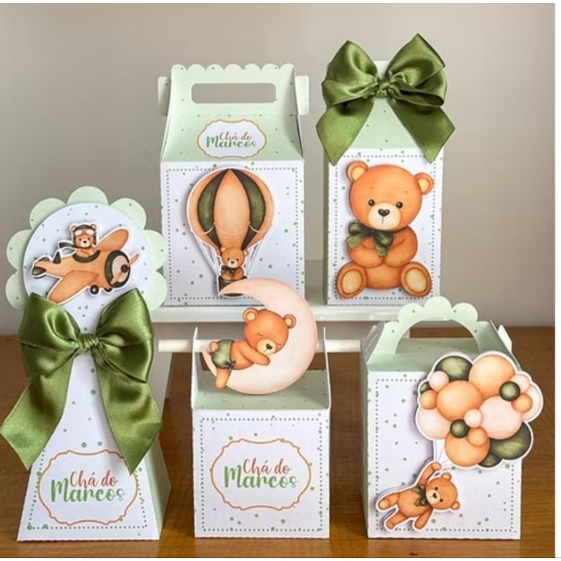 Kit Festa chá bebê Ursinho Verde | Caixinhas Personalizadas | Lembrancinhas chá revelação  |Pegue e Monte