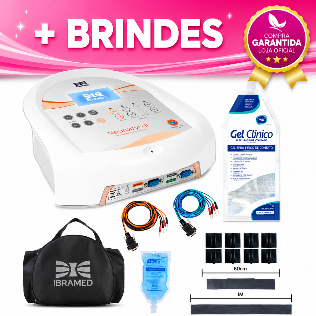 Neurodyn II TENS, FES, Corrente Russa + 1kg Gel + 16 eletrodos-Ibramed