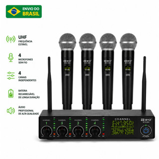 Kit 4 Microfones Sem Fio Vhf Com 4 Canais Hi Fi Series Pilhas Recarregal Byz D-mb-69