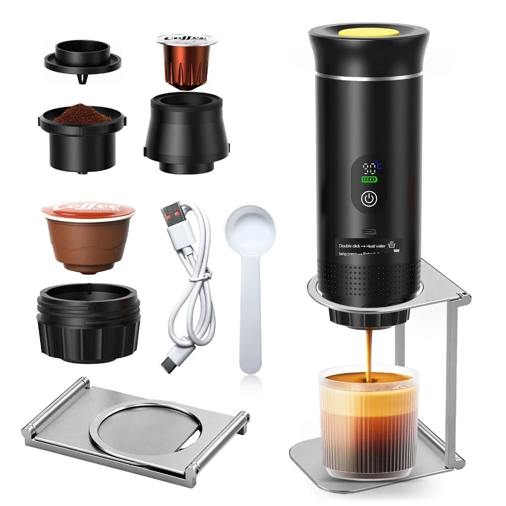 Imagem Máquina de Café Expresso Portátil 3 em 1 Elétrica Preta Cafeteira cápsulas ou Café Moído