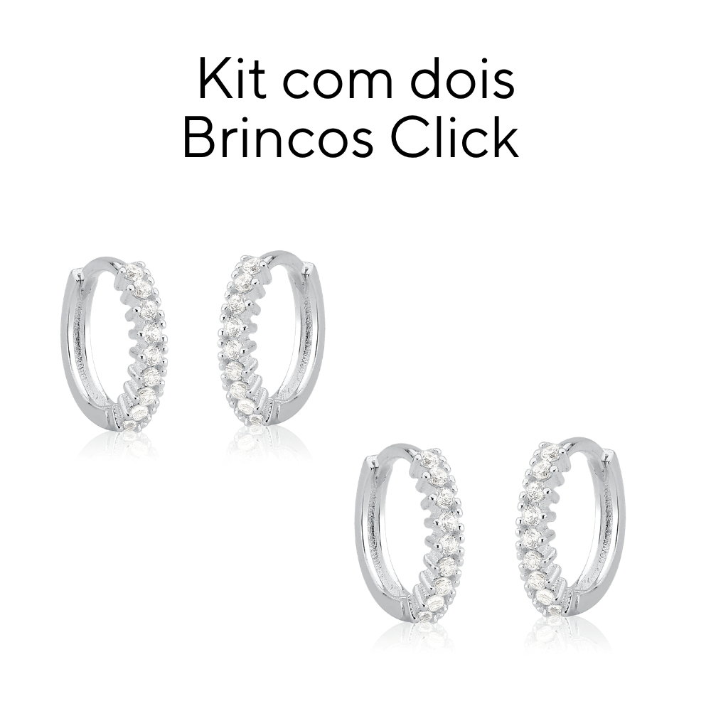 KIT com DOIS pares Brinco Feminino Prata Argola Click Pequena Cravejada Zircônia Presente
