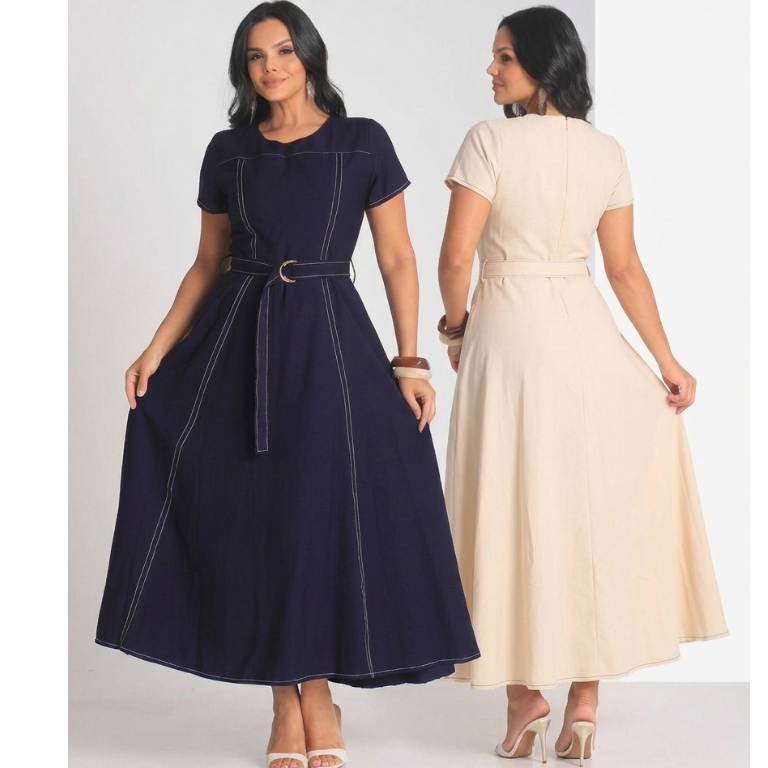 Vestido com manga femenino elegancia unica de tecido sensorial marrate com detalhes pesponto e nas costas com riper