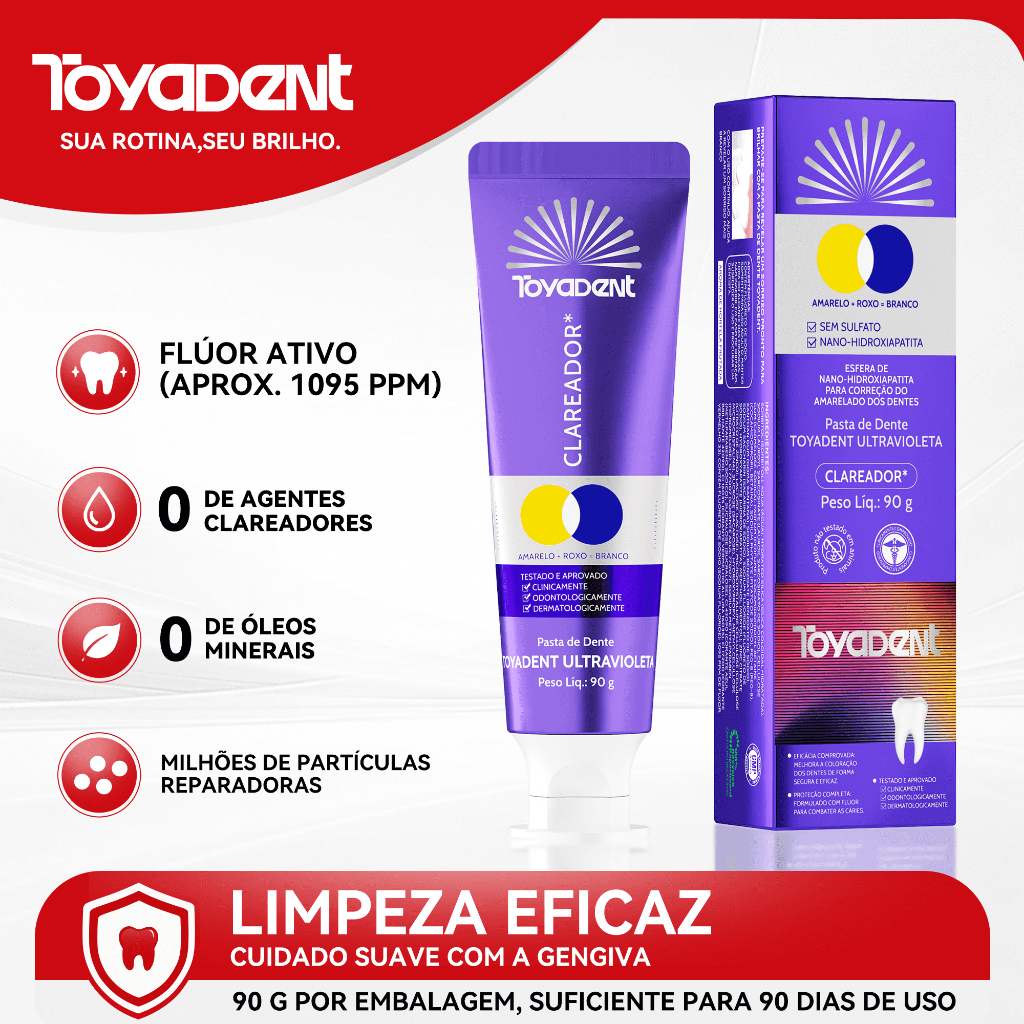 Creme Dental Toyadent Ultravioleta Sabor Maracujá & Bergamota Efeito Óptico de Cor Com Flúor 90g