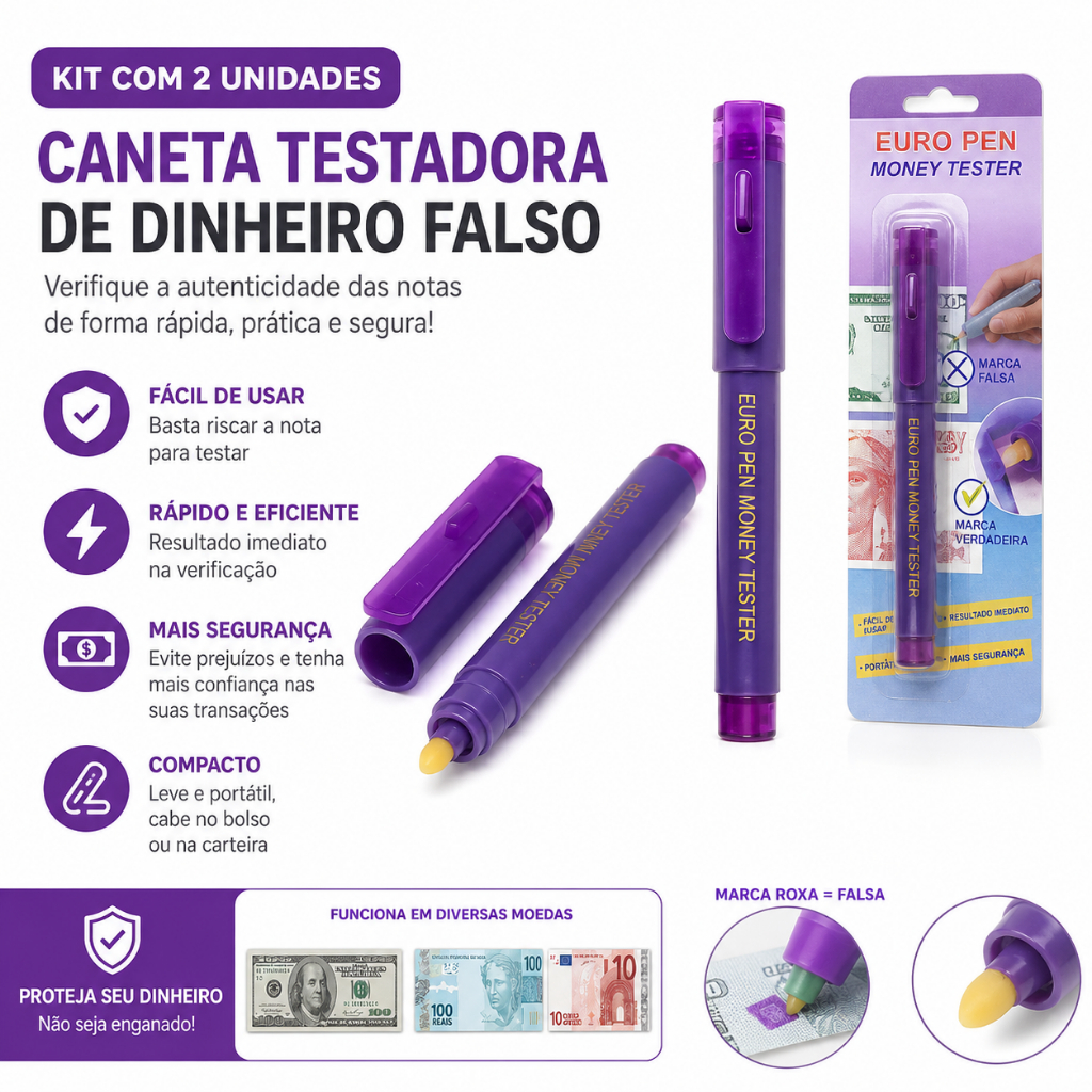 Kit 2pç caneta Teste de Notas Dinheiro Falsas com luz