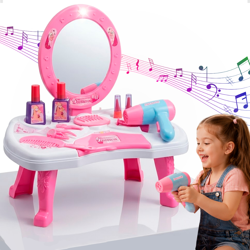 Penteadeira Infantil Com Espelho Luzes e Som Acessórios Incluso Rosa Faz de conta Brinquedo Menina
