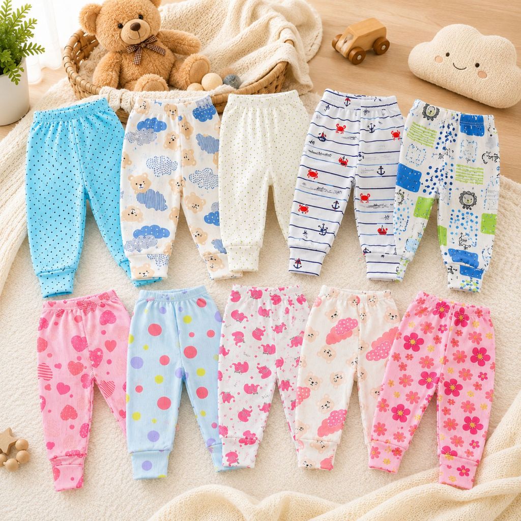 Kit Mijão Estampado 5 Unidades Pé Reversível Calça Culote Algodão Enxoval Bebê Maternidade Sortidos