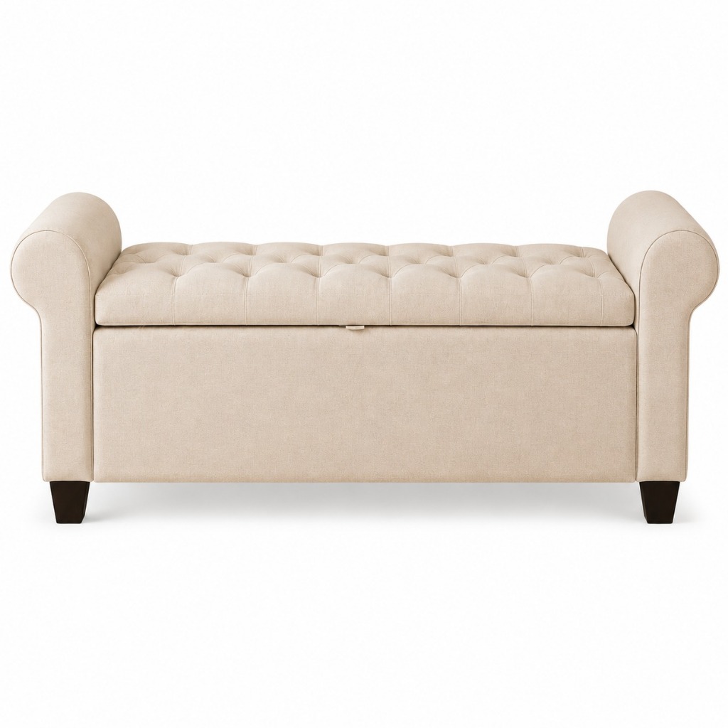 Bau Recamier 90cm Organizador Para Quarto Solteiro Modelo Moderno Bege Criança Banco Estrutura em Madeira Tecido Suede