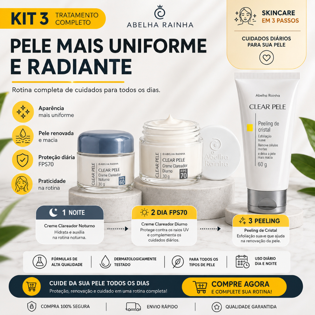 Kit Clareador Facial Dia FPS70 Noite e Peeling de Cristal Skincare Completo para Cuidados com a Pele