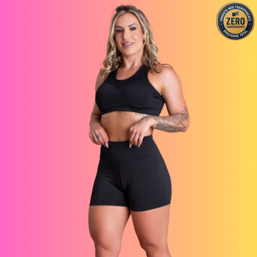 Conjunto Fitness Feminino Short Cintura Alta Liso Básico E Top Nadador Tela Sustentação Academia Treino RIQ Modas
