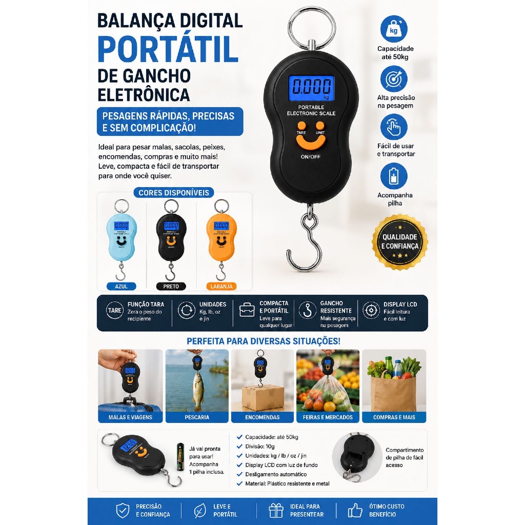 Balança Digital Portátil de Gancho Eletrônica para Bagagem Pesca Mercado até 50kg Cores Sortidas